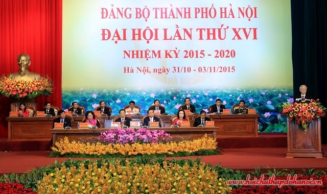 Tổng Bí thư Nguyễn Phú Trọng phát biểu chỉ đạo Đại hội Đảng bộ TP Hà Nội lần thứ XVI, nhiệm kỳ 2015 - 2020, tháng 11/2015. Ảnh: Thanh Hải
