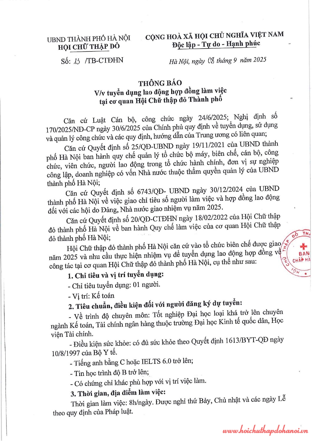 TB số 13 CTĐHN, 08 9 2025 V v tuyển dụng lao động hợp đồng làm việc tại cơ quan Hội CTĐ TP Hà Nội page 0001