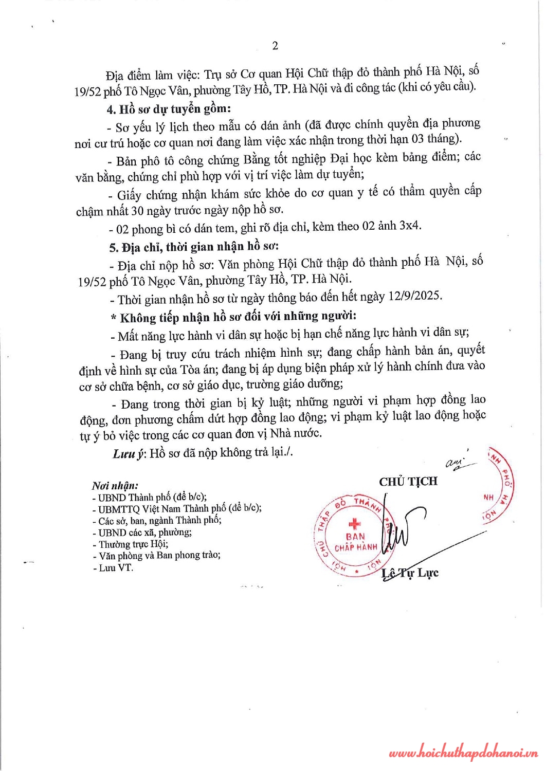 TB số 13 CTĐHN, 08 9 2025 V v tuyển dụng lao động hợp đồng làm việc tại cơ quan Hội CTĐ TP Hà Nội page 0002